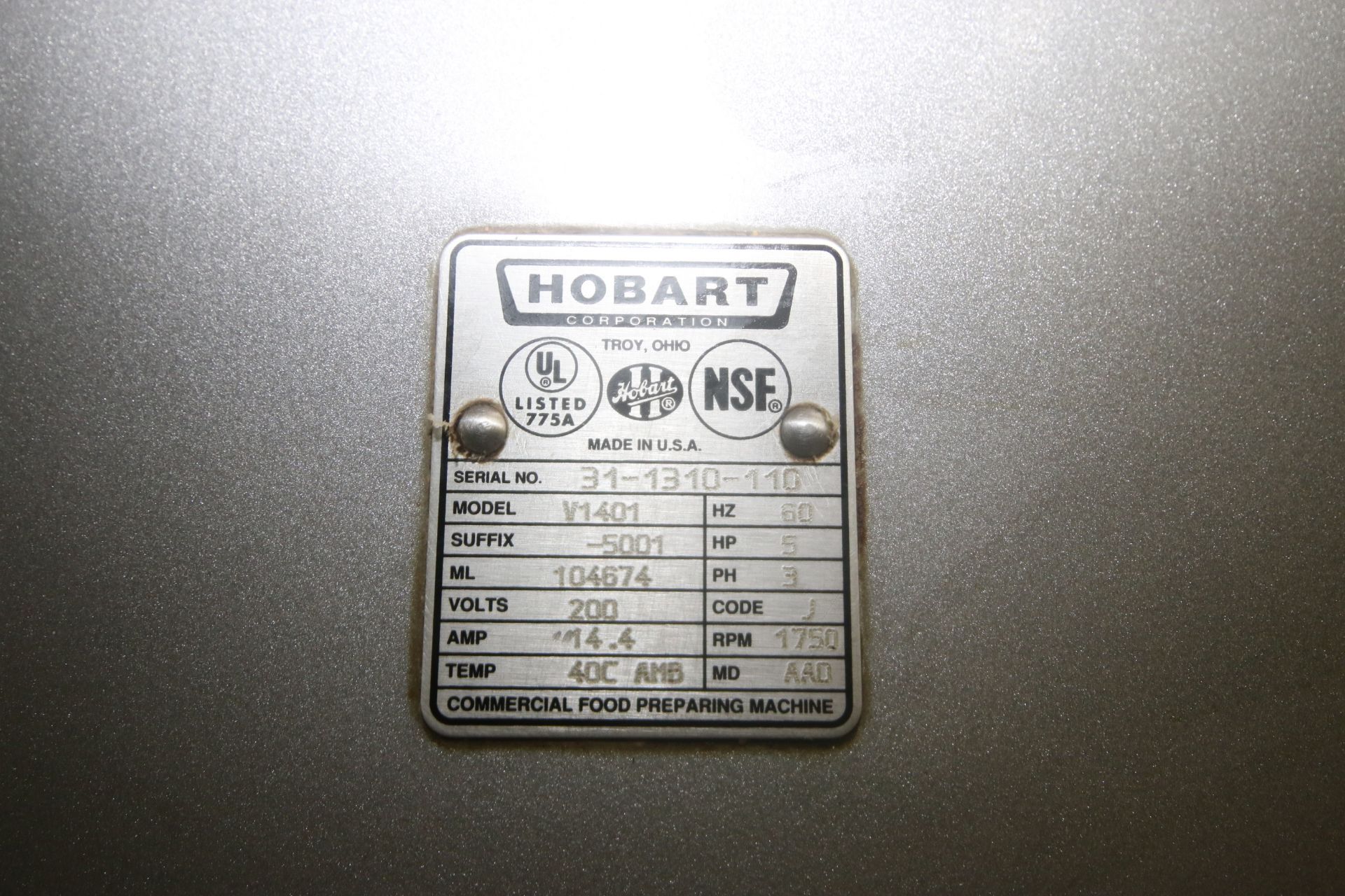Hobart Mixer, M/N V1401, S/N 31-1310-110, with 5 hp Motor, 1750 RPM, 200 Volts, 3 Phase, with S/S - Image 8 of 9