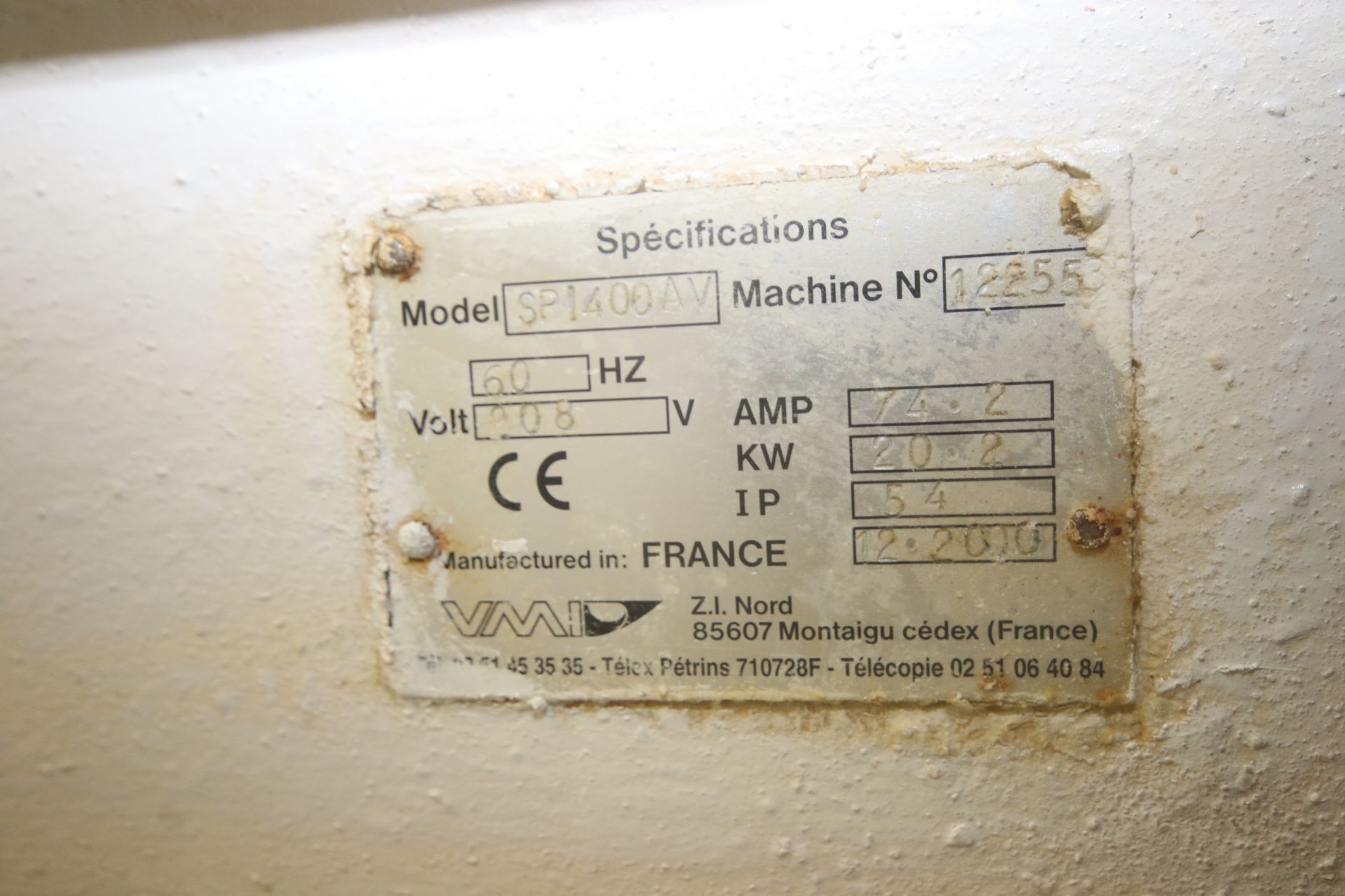 VMI S/S Dough Mixer, M/N SPI400AV, S/N 122553, 208 Volts, with S/S Mixing Bowl with S/S Hook, - Image 6 of 10