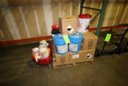 Assortment of Cleaning Supplies & Chemicals, Includes Floor Finish, Cleaner, & Other Present Contens