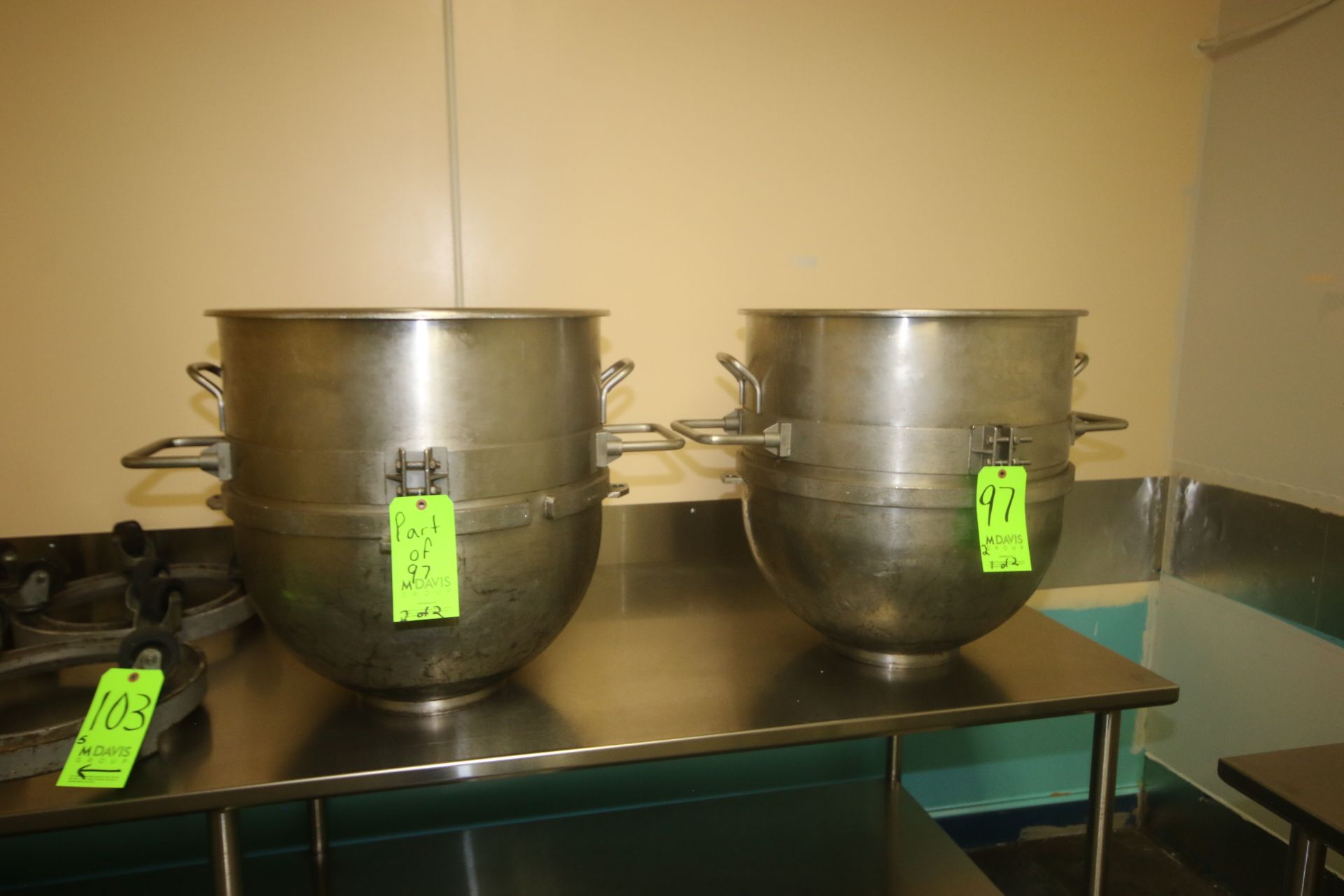 S/S Mixing Bowls, Internal Dims.: Aprox. 23" Dia. x 24" Deep, with Handles & Mixer Brackets (LOCATED