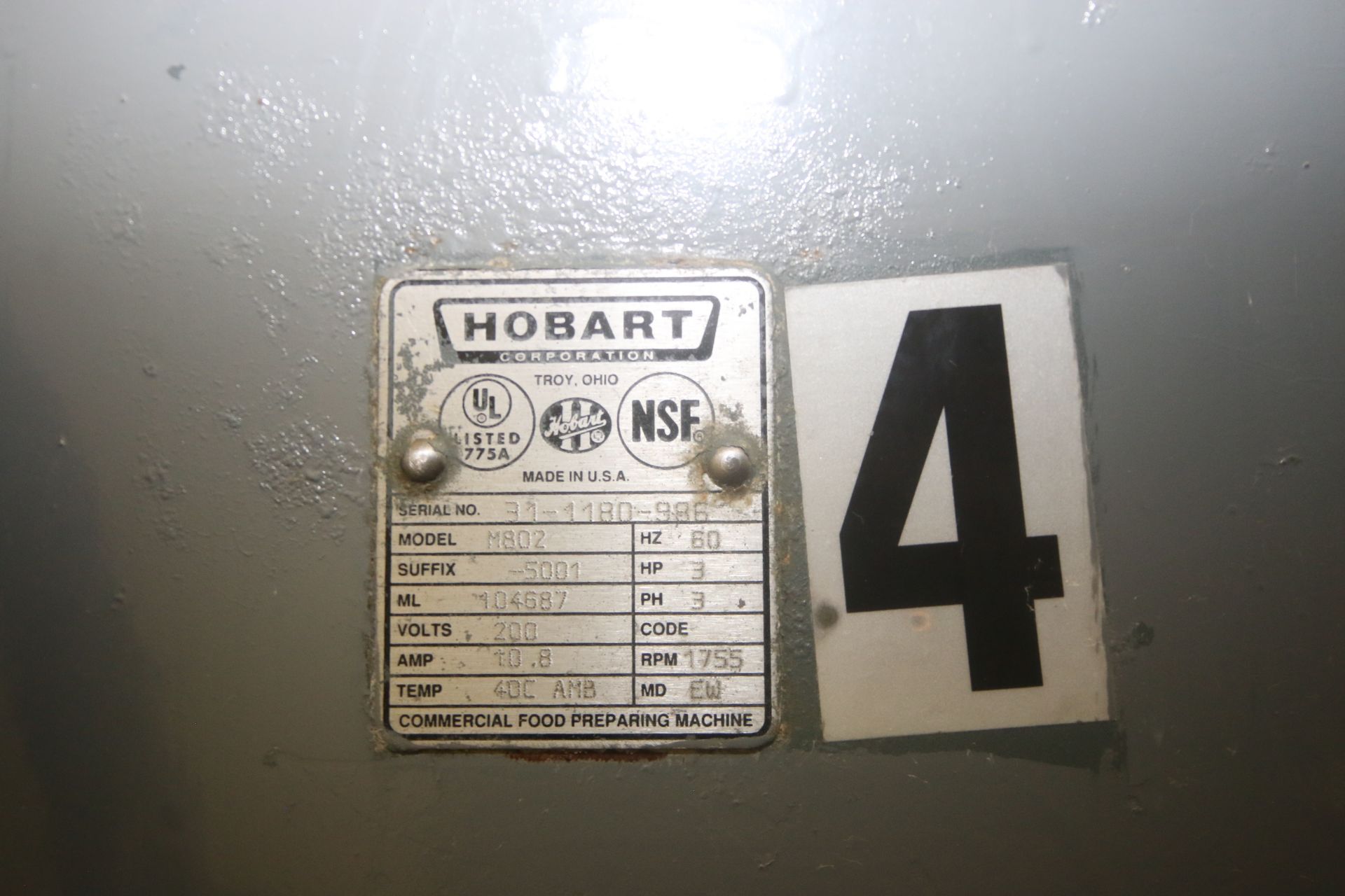 Hobart Mixer, M/N M802, S/N 31-1180-986, with 3 hp Motor, 1755 RPM, 200 Volts, 3 Phase, with S/S - Image 4 of 8