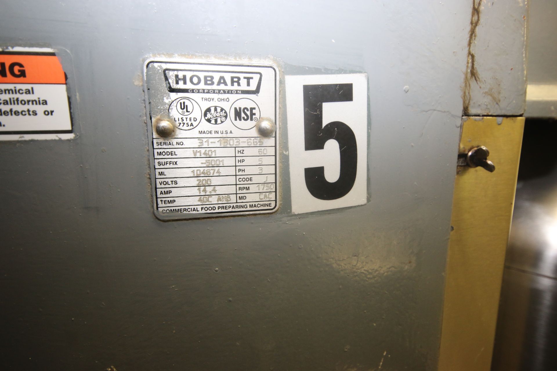 Hobart Mixer, M/N V1401, S/N 31-1303-665, with 5 hp Motor, 1750 RPM, 200 Volts, 3 Phase, with S/S - Image 7 of 7