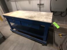 PORTABLE WORKSHOP BENCH WITH DRAWERS AND SHELF W/ PLASTIC TOP, APPX L72'' X W34''