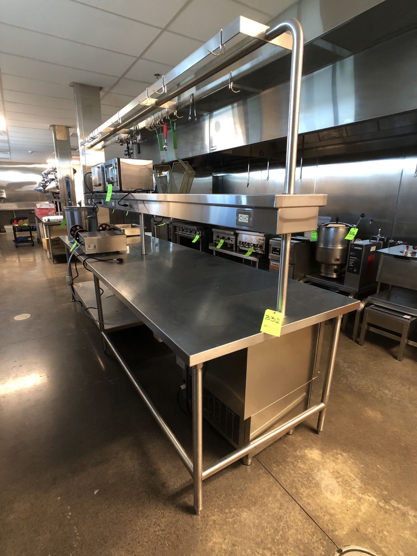 FSF S/S WORK TABLE AND OVERSHELF W/ POWER OUTLETS AND POT RACKS