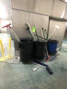 JANITORIAL SUPPLIES INCLUDING SQUEEGIES, MOPS, BRUSHES, TWO TRASH CANS