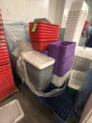 (2) TOTES OF FOOD STORAGE BINS AND LIDS, (1) PALLET OF FOOD STORAGE BINS AND LIDS, APPX 45 BINS