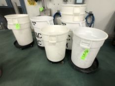 APPX (9) 44 GALLON WHITE TRASH BINS WITH 7 DOLLIES