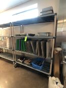 PORTABLE PLASTIC RACK WITH CUTTING BOARDS, BAKING SHEETS, DISHWARE, BINS, MISC UTENSILS