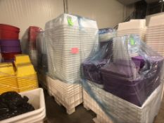 (4) TOTES OF FOOD STORAGE BINS (APPX 400) AND LIDS (APPX 300), WHITE, PURPLE, RED COLOR