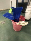 BIN APPX 32 GALLON WITH (6) PLASTIC SHOVELS AND (3) SQUEEGIES