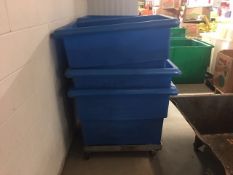 (11) PLASTIC HOPPERS APPX DIM. LWH'' 40 X 27 X 30, INCLUDES (3) S/S DOLLIES
