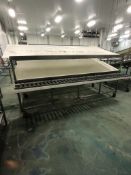 S/S PACK-OFF TABLE WITH ROLLER CONVEYOR, PORTABLE/MOUNTED ON CASTERS, UMHW CUTTING BOARD TOP AND