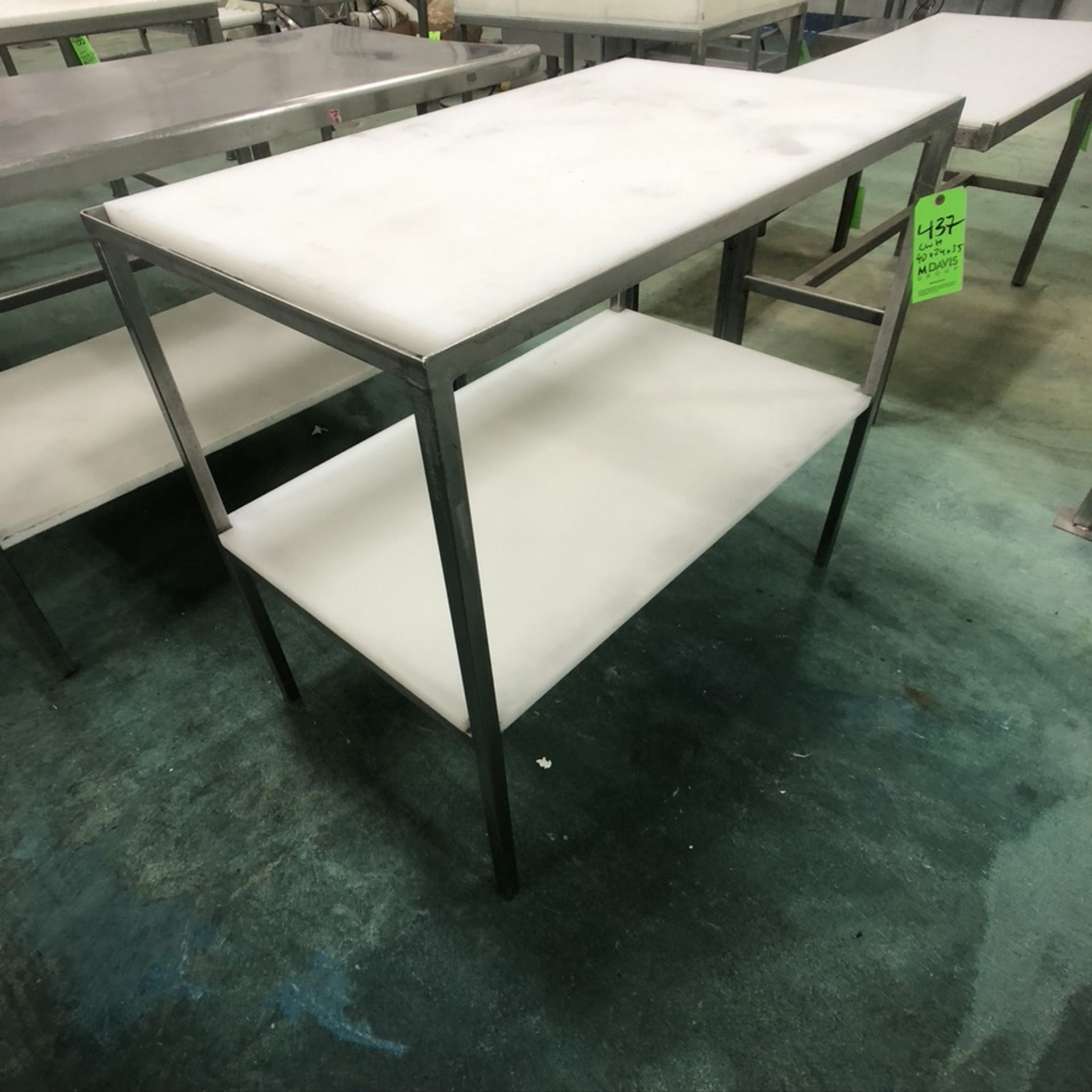 S/S TABLE WITH CUTTING BOARD TOP AND BOTTOM SHELF APPX DIM. LWH'' 40 X 24 X 35
