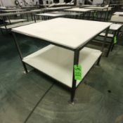 (2) S/S TABLE WITH CUTTING BOARD TOP (1 WITH BOTTOM SHELF) APPX DIM. LWH'' 48 X 48 X 36