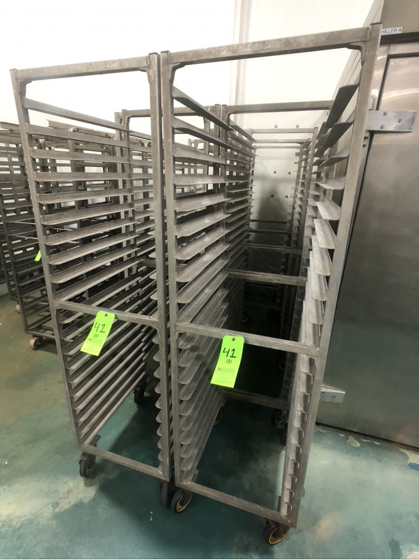 NEWAGE INDUSTRIAL (8) ALUMMINUM END LOAD 20-PAN PORTABLE SHEET/PAN RACK, 3'' SPACE (APPX $450 NEW)