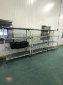 (3) PORTABLE PLASTIC SHELVES, INCLUDES PLASTC BINS W/ KNIVES AND MISC KITCHEN UTENSILS