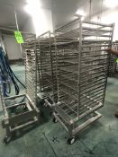 (4) S/S PORTABLE END LOAD 20-PAN SHEET/PAN RACK, INCLUDES SOME WIRE SHELVES, ONE WITH 2 MISSING