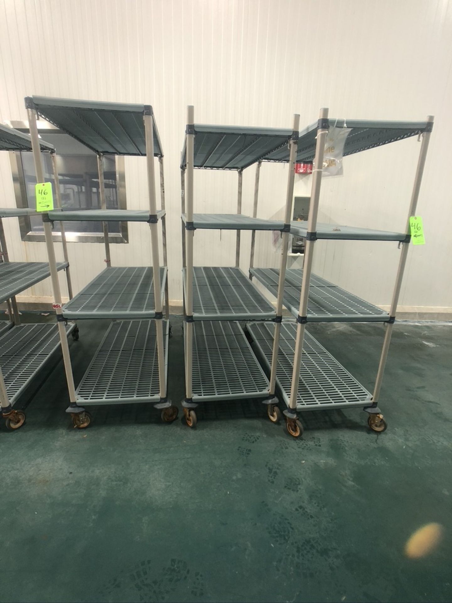 (3) METROMAX ANTIMICOBIAL PORTABLE CARTS / PORTABLE PLASTIC RACKS/SHELVES 4-LEVELS APPX L59'' X