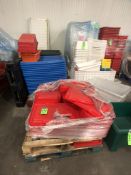 LOT OF ASSORTED BINS, HOPPERS, LIDS ETC. (3) TOTES, (1) PALLET OF RED LIDS, STACK LARGE BLUE LIDS,