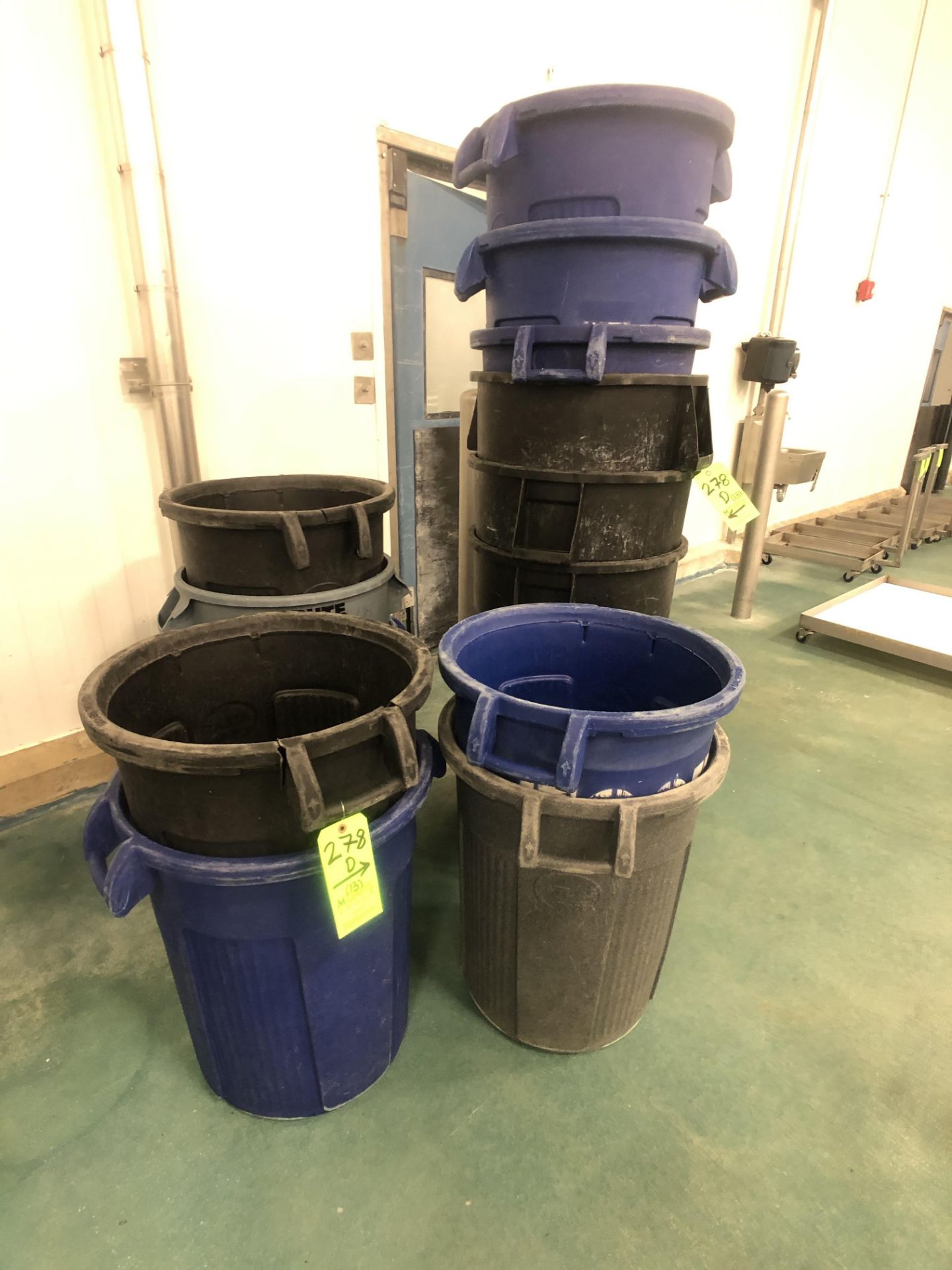 TRASH BINS APPX (13) VARIOUS SIZES WITH 1 DOLLY