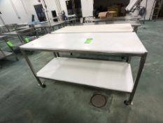(2) S/S TABLE, PORTABLE / MOUNTED ON CASTERS, WITH CUTTING BOARD TOP AND BOTTOM SHELF APPX DIM.