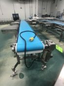 DORNER PORTABLE S/S PACK-OFF CONVEYOR WITH BLUE FOOD GRADE BELT, MODEL 820-394/A, MOUNTED ON