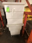 2 WHITE BINS APPX DIM. LWH'' 41 X 30 X 28, (1) S/S DOLLY APPX DIM. L33-1/2'' X W21''