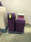 VOLLRATH STORAGE BINS, ON PALLET, APPX (60) PCS, WHITE & PURPLE, APPX DIM. L20'' X W15'' X H7''