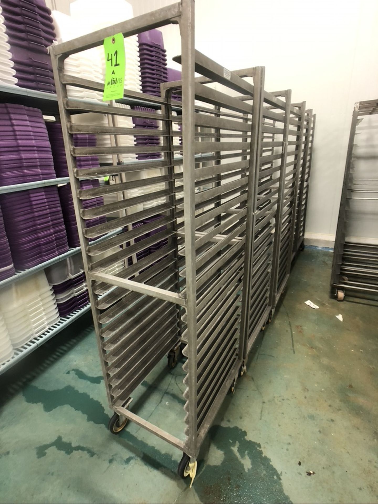 NEWAGE INDUSTRIAL (5) ALUMMINUM END LOAD 20-PAN PORTABLE SHEET/PAN RACK, 3'' SPACE (APPX $450 NEW)