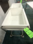 (2) S/S WASH CARTS, PORTABLE MOUNTED ON CASTERS, WITH PERFORATED PLASTIC CUTTING BOARD BINS