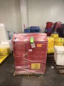 (2) TOTES OF FOOD STORAGE BINS (APPX 75) AND LIDS (APPX 150) BLUE AND WHITE, (1) PALLET OF RED