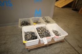 Lot of Assorted S/S Clamps in Bins, Includes Assortment of 2" Clamps, 3" Clamps, 6" Clamps, &