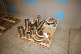 Pallet of Assorted S/S Fittings, Includes Aprox. 4" Clamp Type Elbows, S/S Piping, & Other