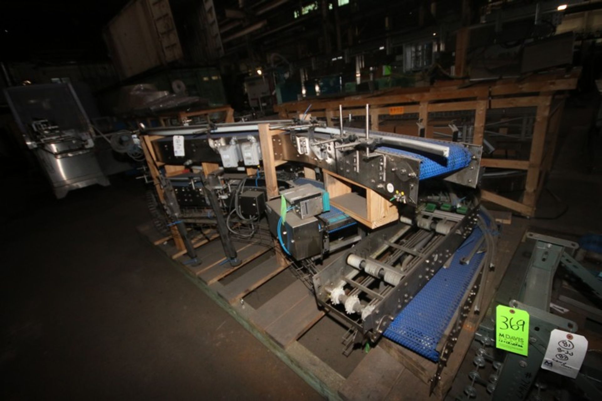 Skid with Assorted S/S Case Conveyor Sections, Most Aprox. 12" W with Intralux Belt