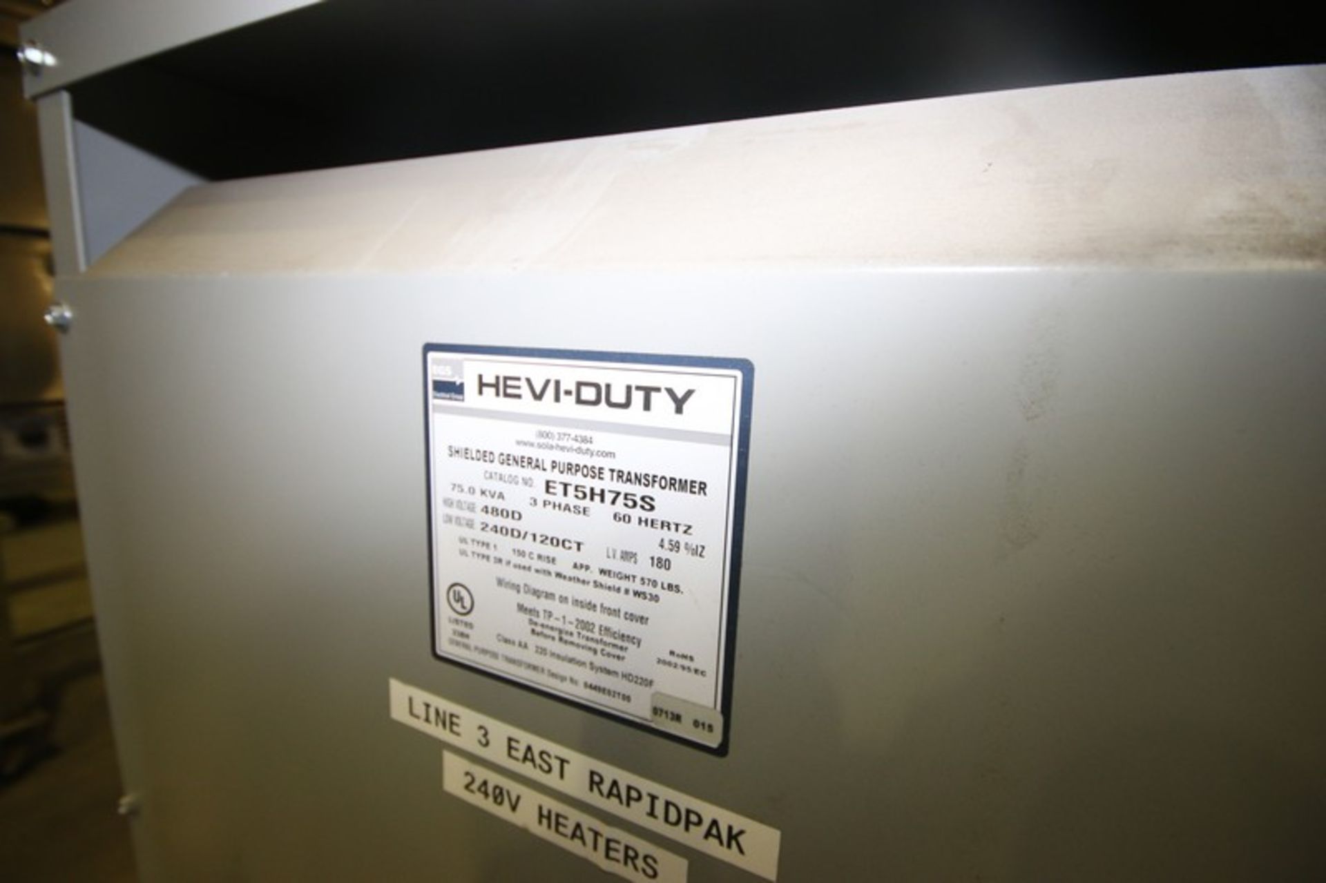 Hevi-Duty Transformer, CAT #: ET5H75S, High Volts: 480 D, Low Volts: 240 D/120 CT, with Leybold - Image 2 of 4