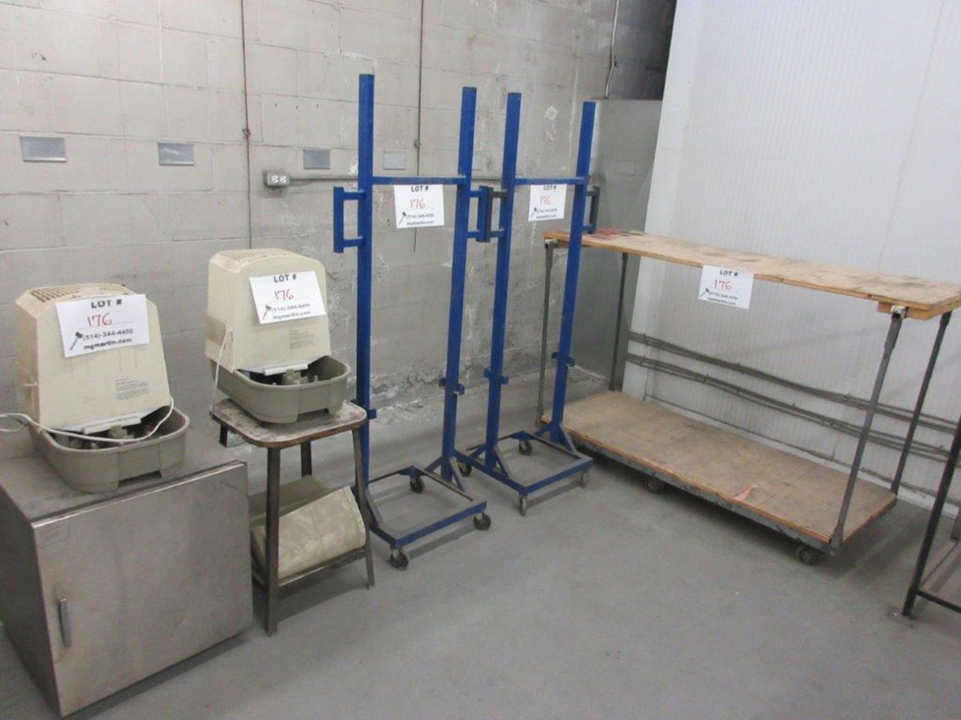 Assorted items table, racks, stainless steel cabinet, etc.