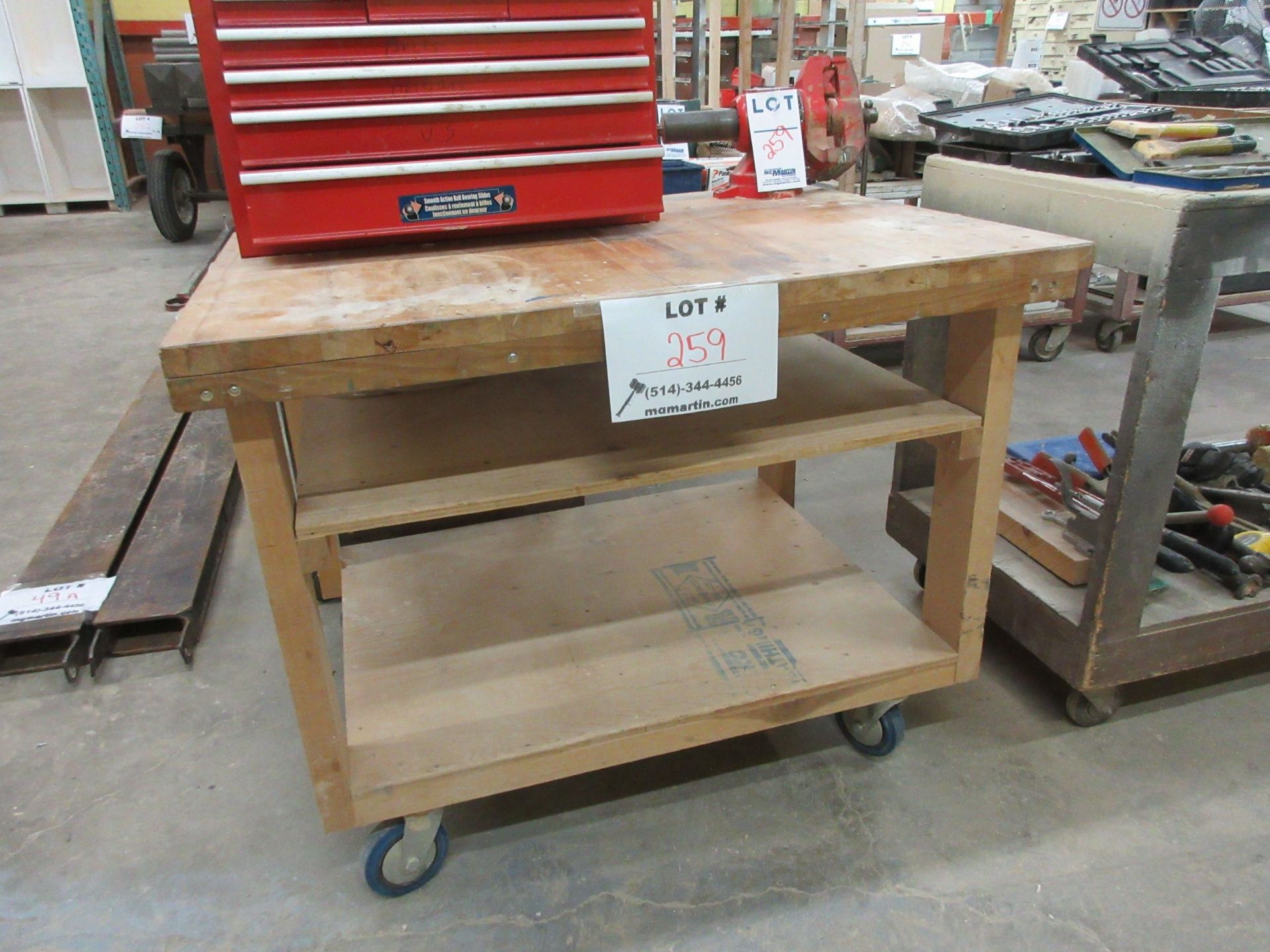 LOT including butcher block table on wheels c/w vise 34" x 44"