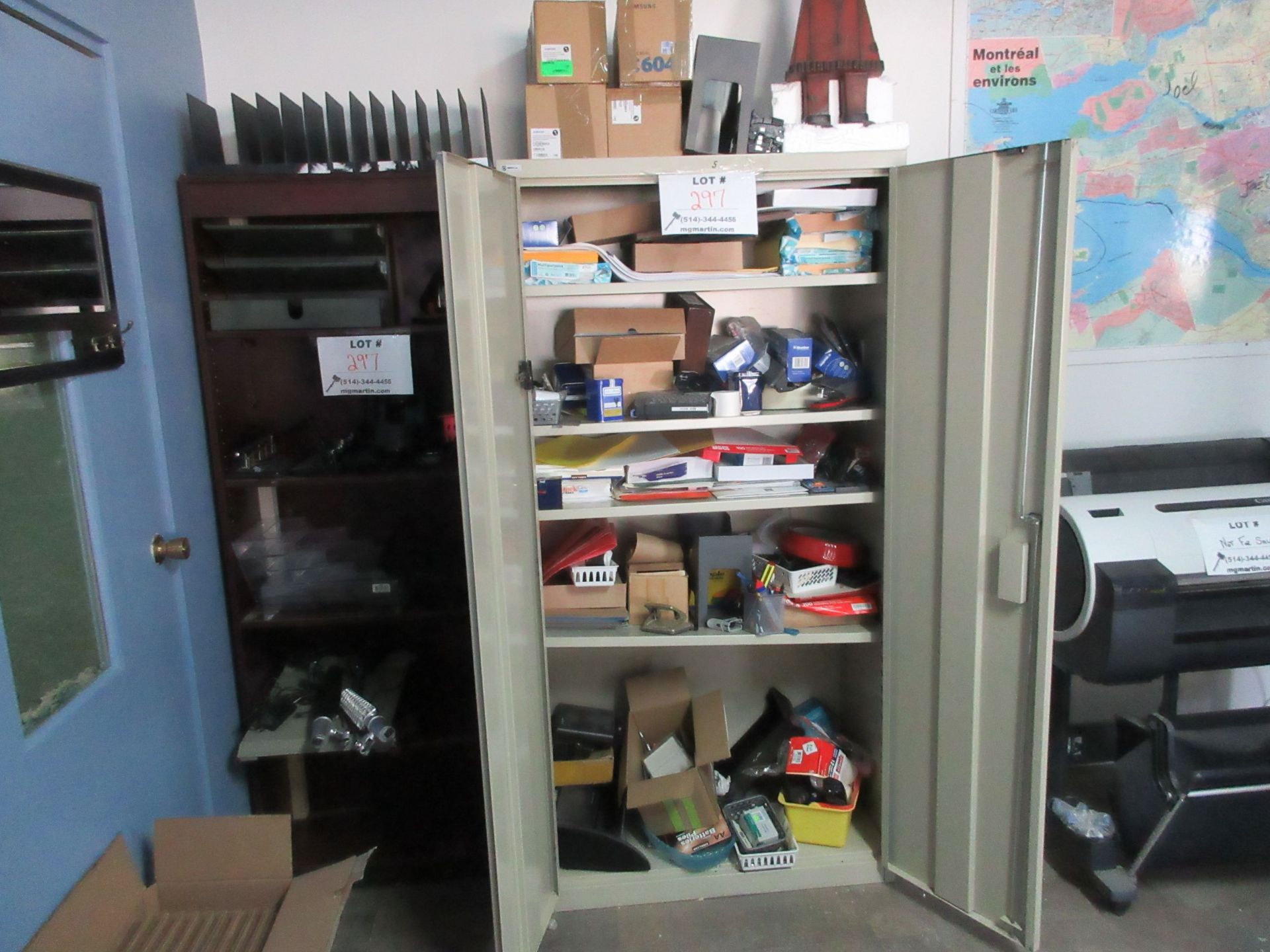 LOT including sationary cabinet, shelves & assorted office supplies, boart, etc.