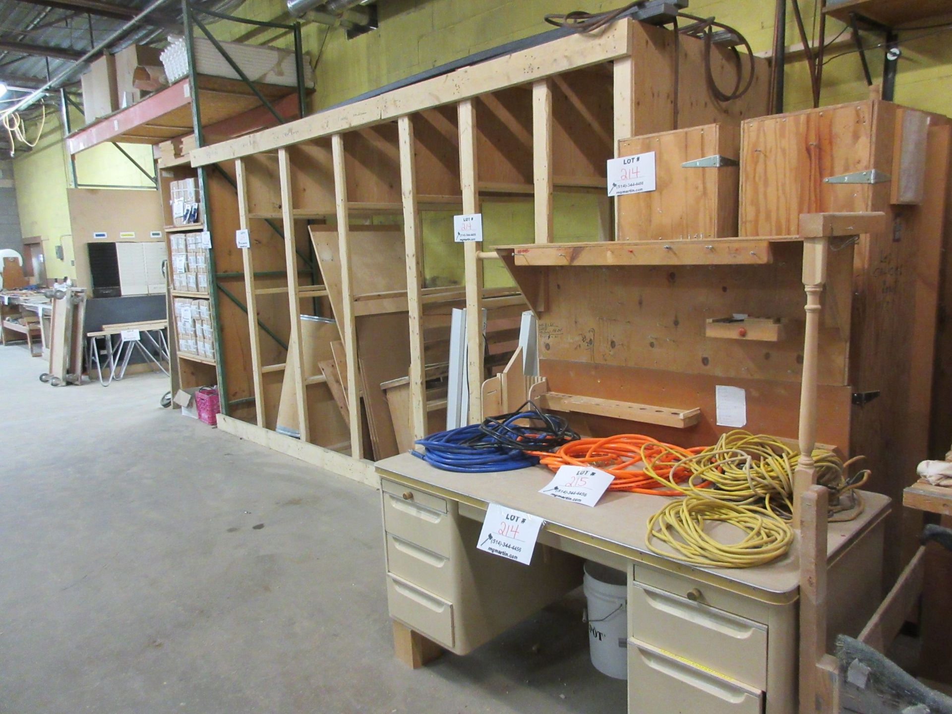 LOT assorted racking, wood desk, etc.