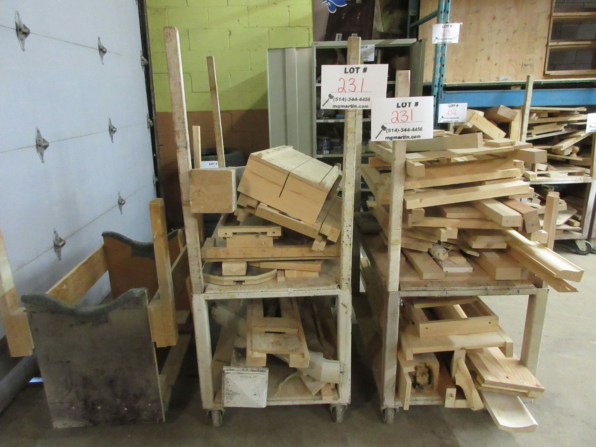 LOT including assorted wood c/w cart on wheels