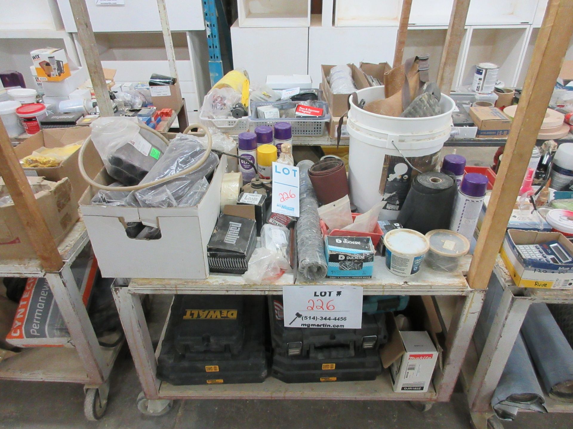 LOT including assorted supplies c/w cart on wheels