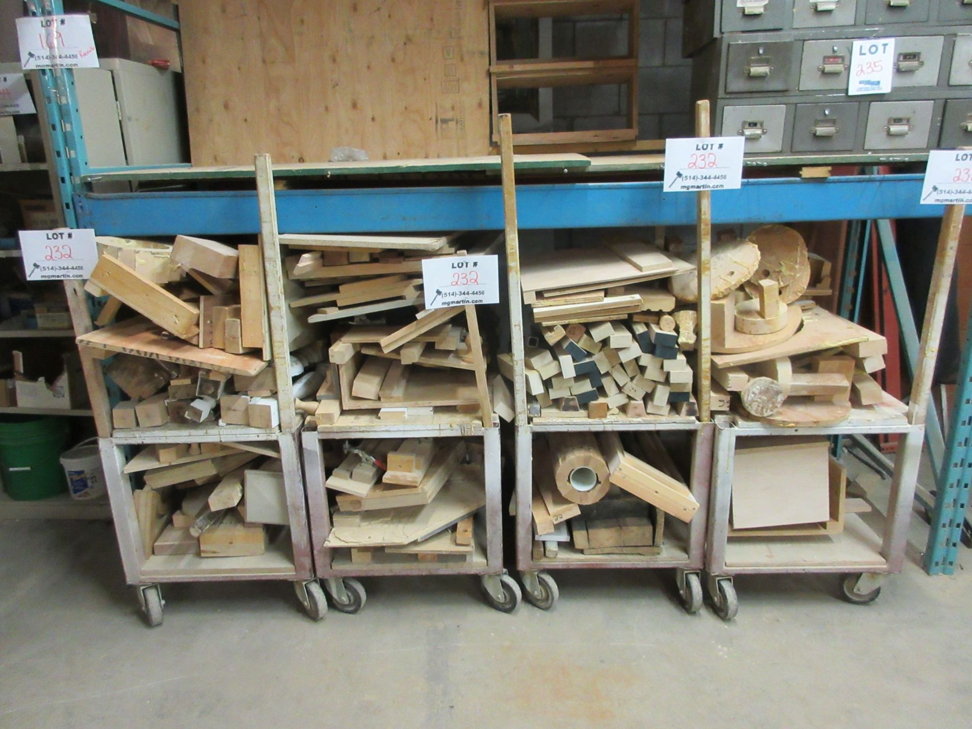 LOT including assorted wood c/w cart on wheels