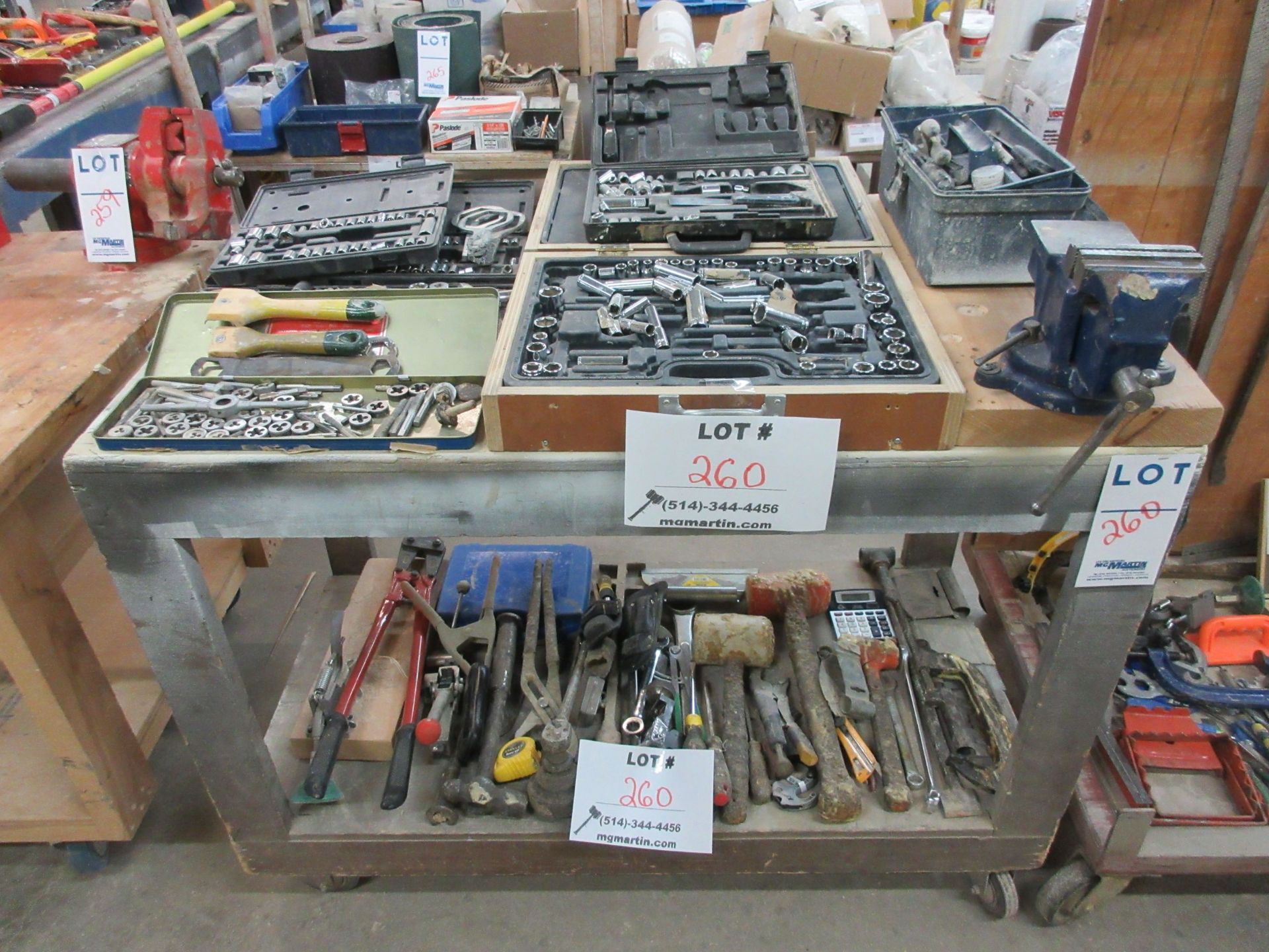 LOT including assorted tools, vise, c/w cart on wheels