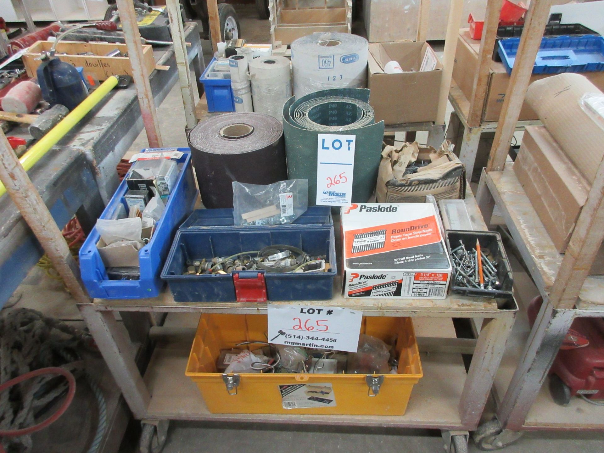 LOT including assorted supplies c/w cart on wheels