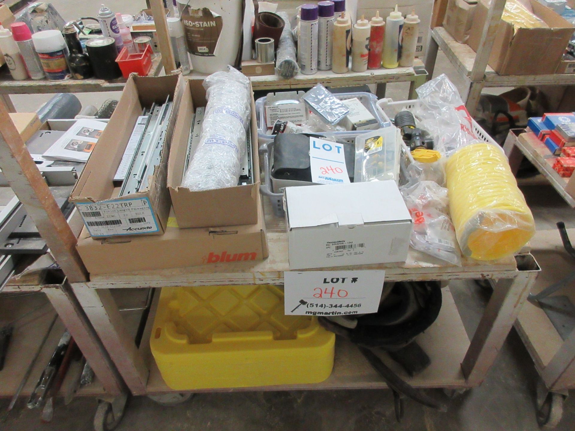 LOT including assorted supplies c/w cart on wheels