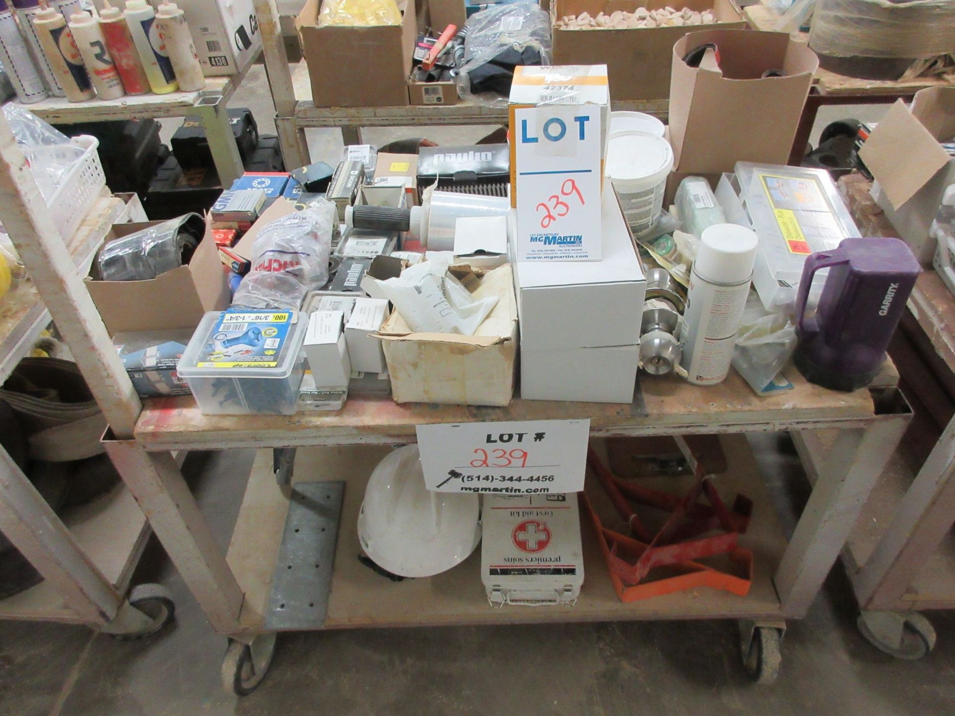 LOT including assorted supplies c/w cart on wheels