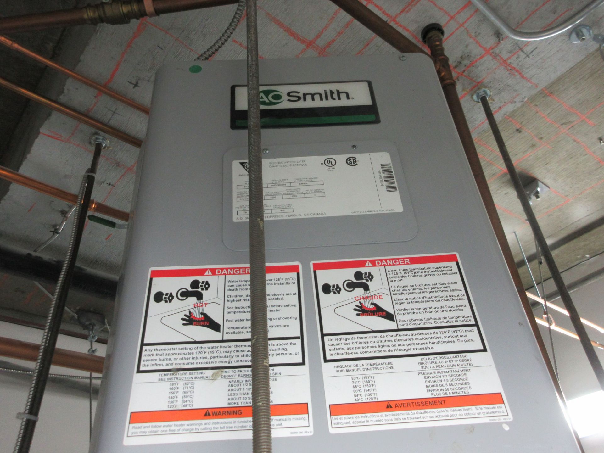 AO SMITH hot water tank, Mod: DRE-120, Power 13500, serial #11613F80009 ($5,000 ORIGINAL COST) - Image 3 of 3