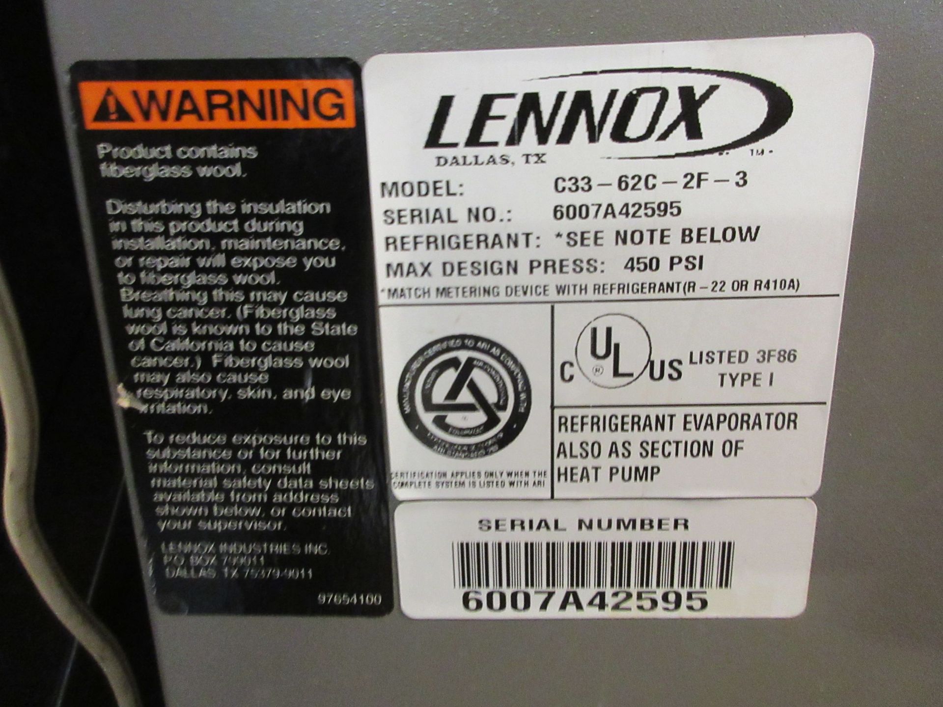 LENOX cool/heat system w/t heat pump, model C33-62C-2f-3 (450 PSI), 5 ton, 110M BTU - Image 2 of 5