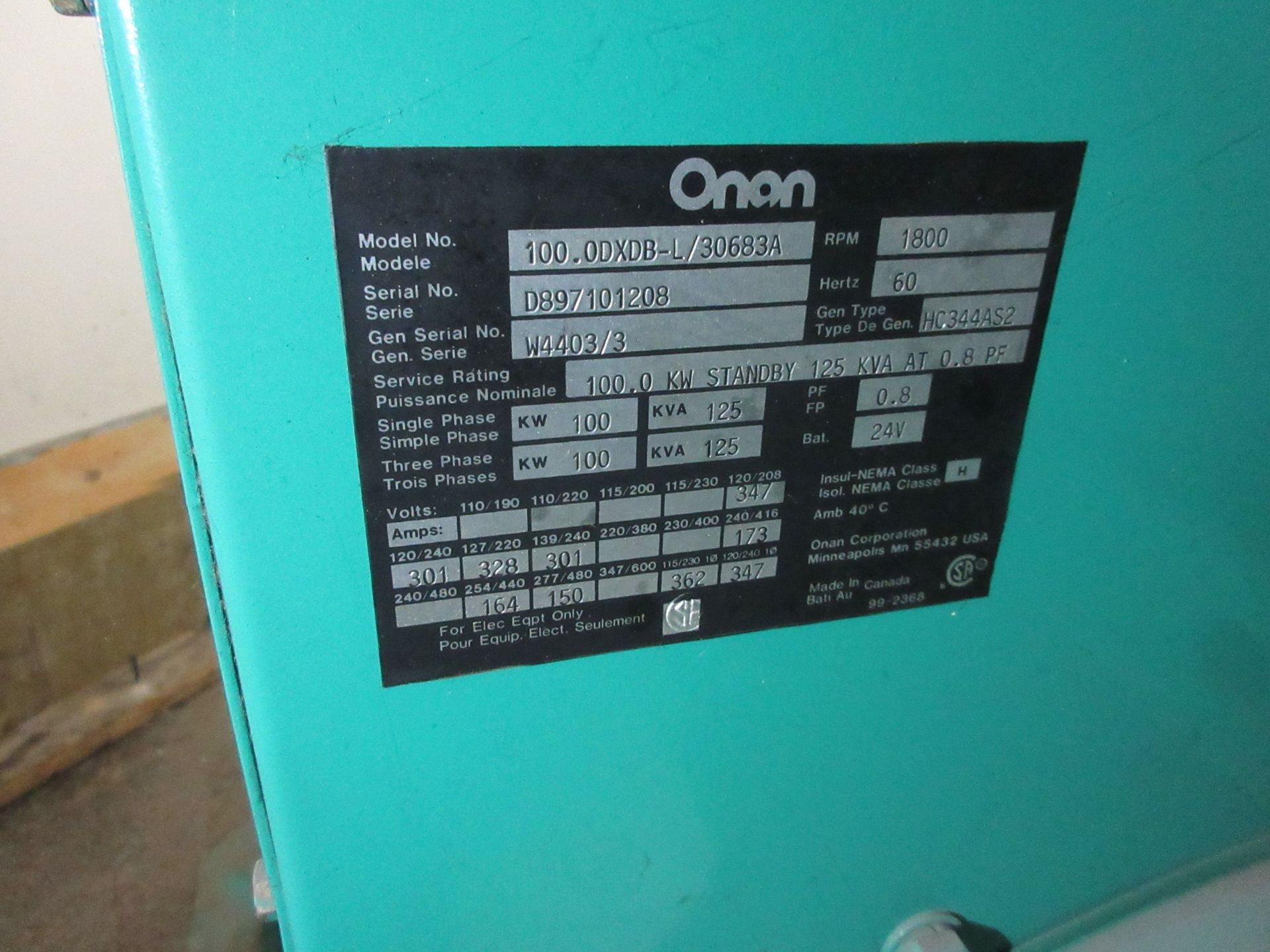 ONAN Northstar Genset generator DIESEL model: 100.0DxDB-L/30683A ,service rating: 100.0 kilowats, - Image 9 of 13