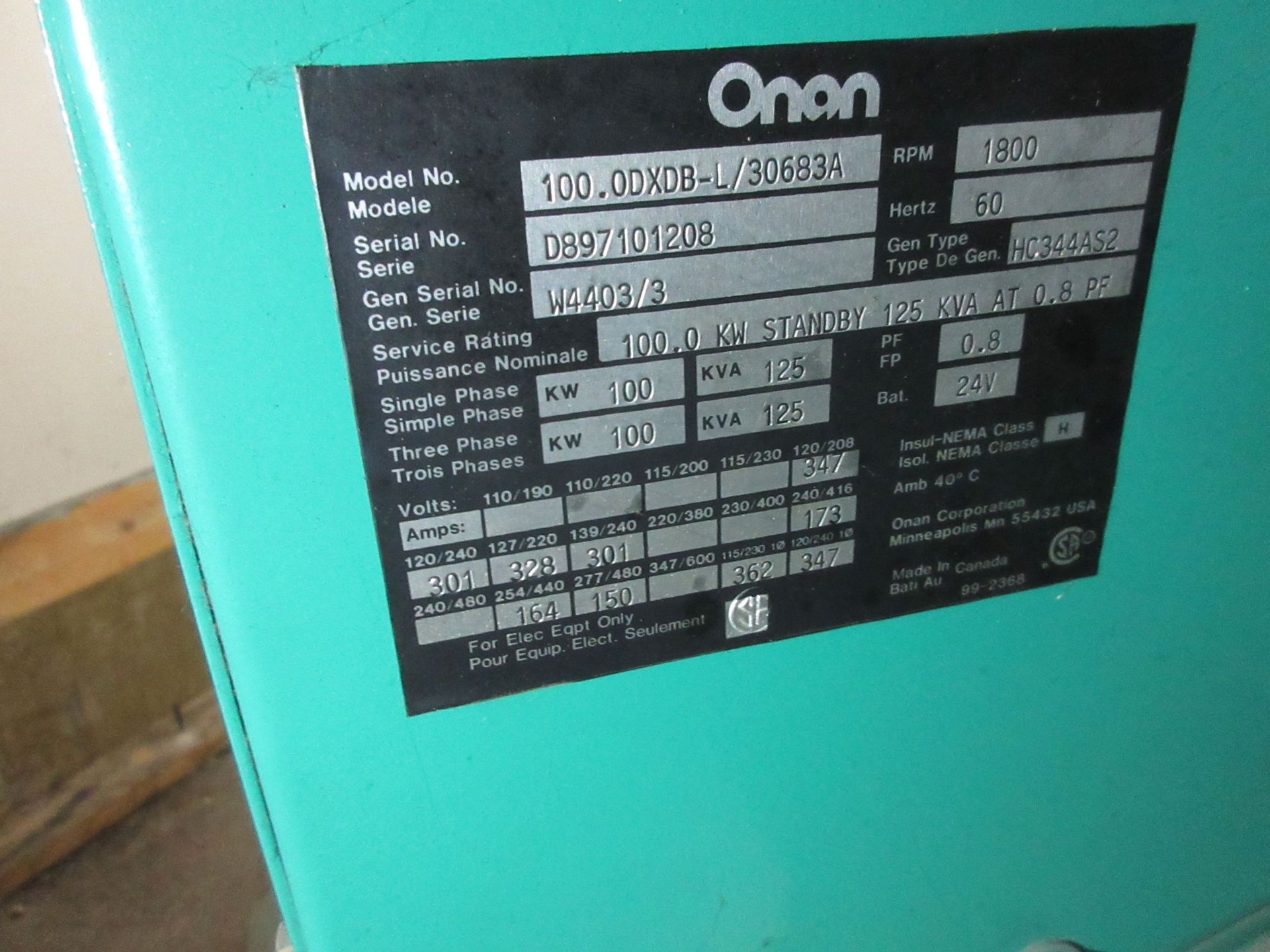 ONAN Northstar Genset generator DIESEL model: 100.0DxDB-L/30683A ,service rating: 100.0 kilowats, - Image 8 of 13